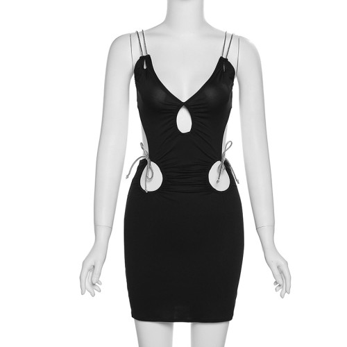 Fashion solid color hollowed-out suspender, backless, slim-fitting, buttock cover-up dress, short skirt