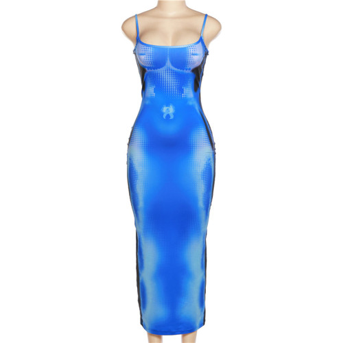 Women's fashion suspender sexy low-cut slim print buttock dress