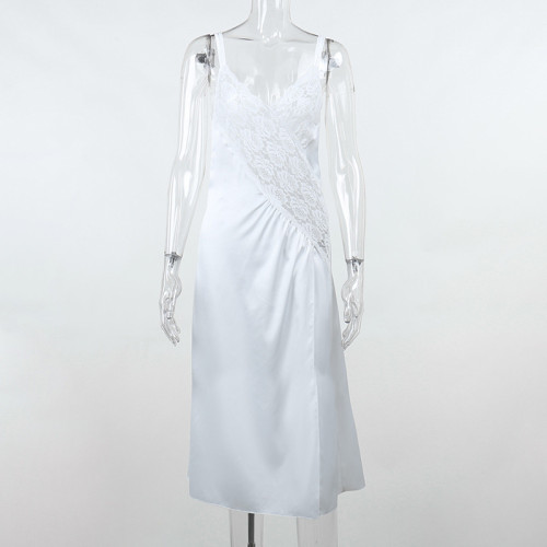Sexy V-neck lace patchwork perspective satin high split temperament slim fitting sling dress