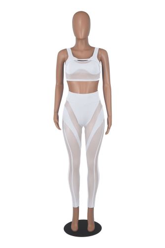 Mesh Irregular Splice Solid Color Sexy Low Chest High Waist Casual two-piece Set