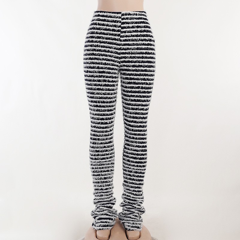 Women's loose sports pants fluffy black and white striped casual pants