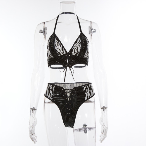 PU splicing lace perspective sexy nightclub seductive underwear fun set