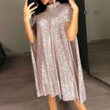 Small standing neck sequin dress loose women's dress