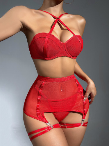 Funny waist mesh perspective lace binding sexy underwear three-piece set