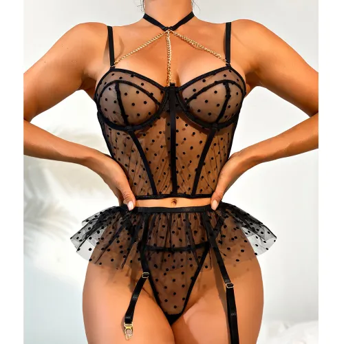 Lace, lace, breasted, hollowed-out underwear, sexy perspective, fun three-piece set