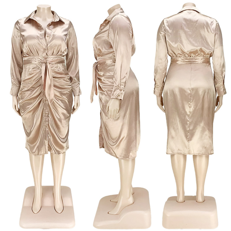Fashion large women's reflective silk pleated shirt dress