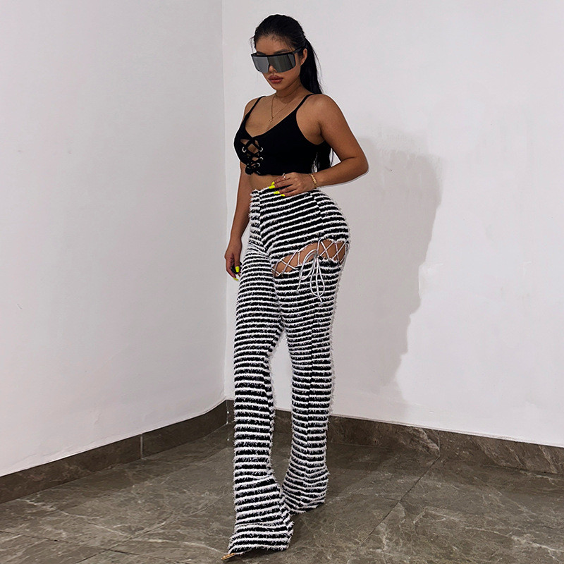 Sexy high-waisted buttock lifting stripe hollow tight slim casual pants fashion pants