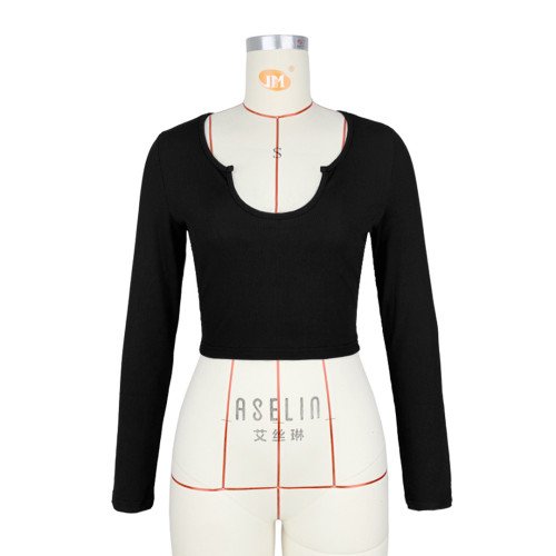 Fashionable and comfortable solid color pit stripe U-neck long-sleeved jacket