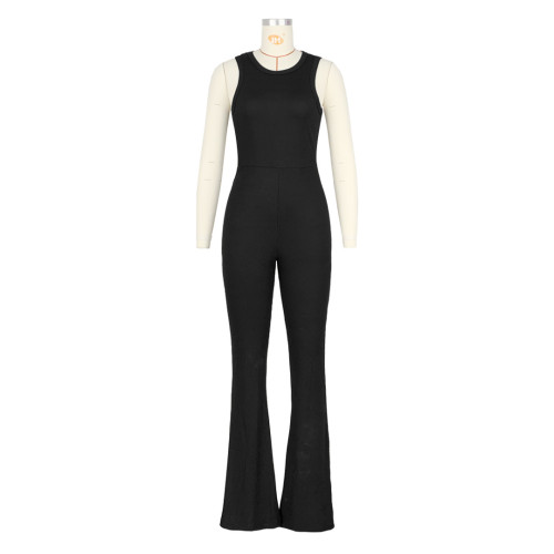 Comfortable sleeveless zipper slim high waist micro flare jumpsuit