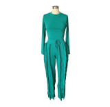 Women's suit fringed lace jumpsuit two-piece solid color sports