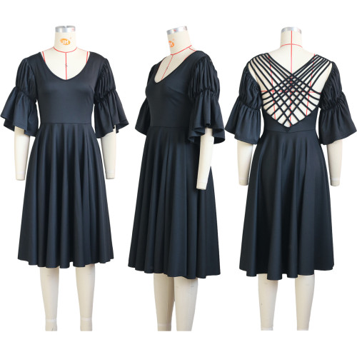 Casual fashion V-neck ruffle sleeve open back split dress