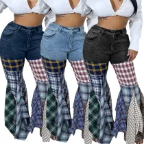 Multi-panel checkered horn denim ruffle trousers