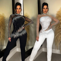 Fashion women's pure color mesh ironing long-sleeved trousers jumpsuit