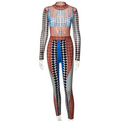 Women's polka dot print tight long-sleeved round-neck one-piece top with buttocks and trousers casual suit