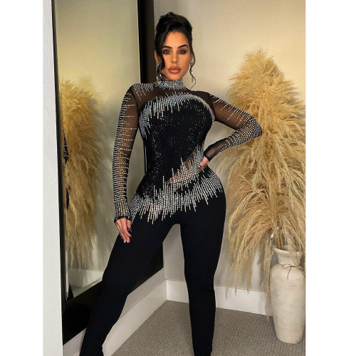 Fashion women's pure color mesh ironing long-sleeved trousers jumpsuit