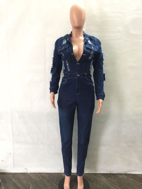 Fashion casual phoenix button long-sleeved sexy denim ripped jumpsuit