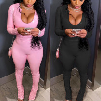 PU solid color long sleeve casual top tights suit two-piece set