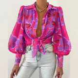 Sexy women's bubble sleeve lapel long-sleeved shirt printed shirt