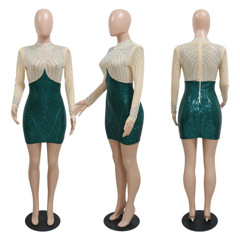Polyester mesh hot diamond patchwork sequin dress