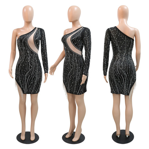 Fashion sexy one-shoulder bright hot diamond split buttock dress