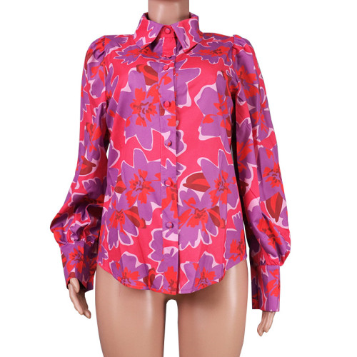 Sexy women's bubble sleeve lapel long-sleeved shirt printed shirt