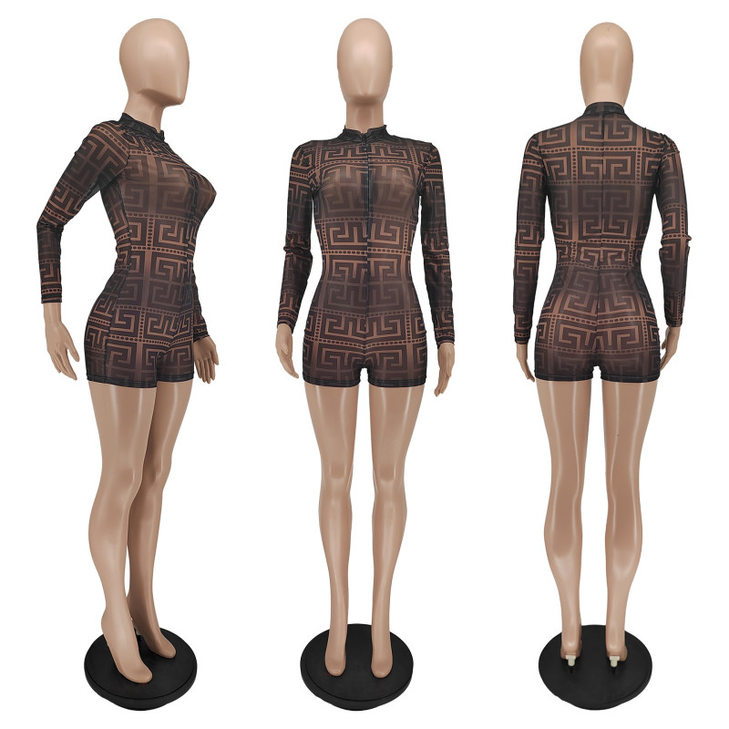 Fashion zipper mesh print jumpsuit