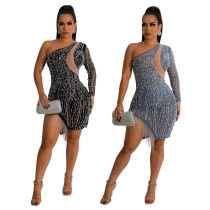 Fashion sexy one-shoulder bright hot diamond split buttock dress