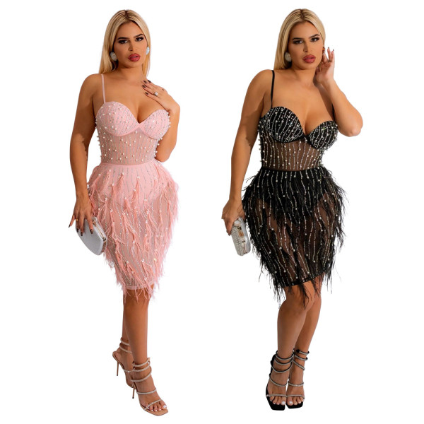 Fashion women's sleeveless sling ironing feather dress