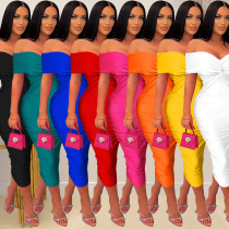 Fashion women's solid color pleated sleeveless long dress, bra dress