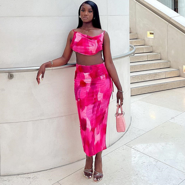Strap swing collar top high waist wrap hip skirt fashion two-piece suit