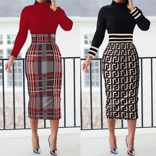 Sexy printed buttock wrapped long-sleeved dress nightclub dress