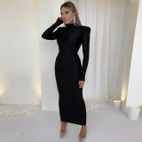 Stylish round-neck solid color slim long-sleeved dress