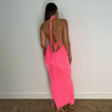 Fashionable sexy backless lace-up temperament long dress with bra and neck hanging dress