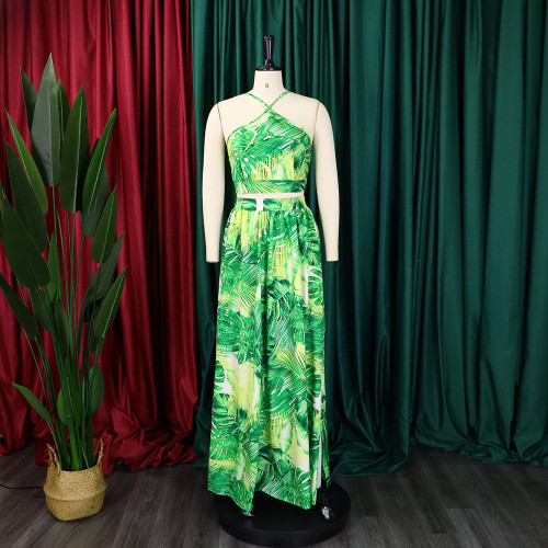 Fashion printing sexy binding top split skirt two-piece set