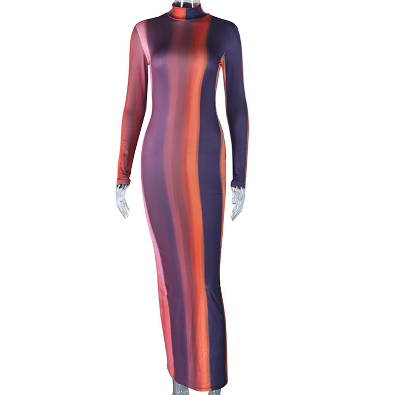 Irregular fashion print stand-up collar split buttock dress