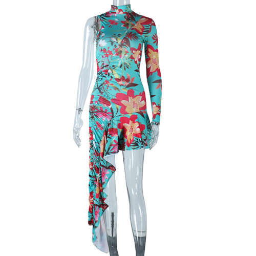 Stand-neck single long-sleeved ruffle irregular mid-length dress