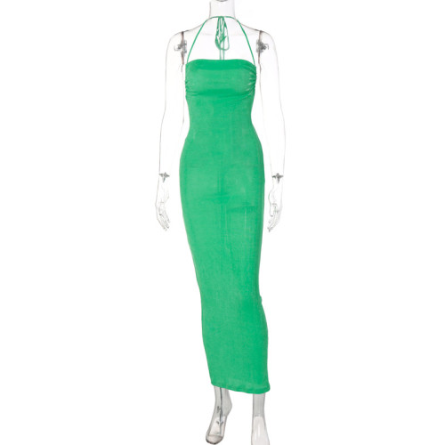 Fashionable sexy backless lace-up temperament long dress with bra and neck hanging dress
