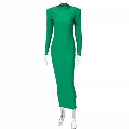 Stylish round-neck solid color slim long-sleeved dress