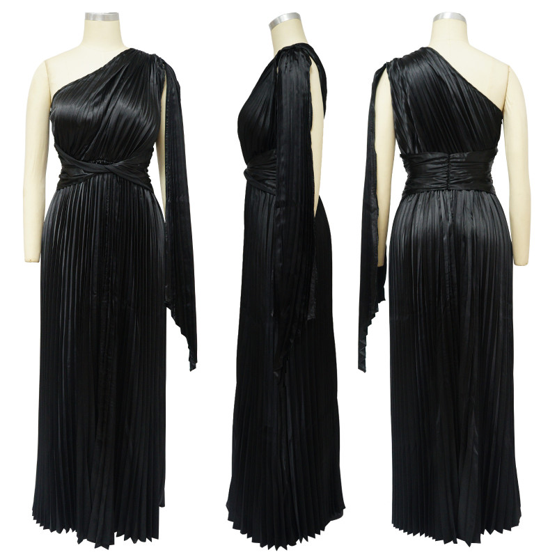 Single-shoulder pleated skirt with diagonal collar and waistband imitation silk dress