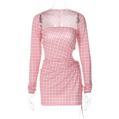 Checker print bra shawl high slit cut-out sexy dress