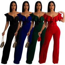 Women's V-neck ruffle sexy waistband jumpsuit