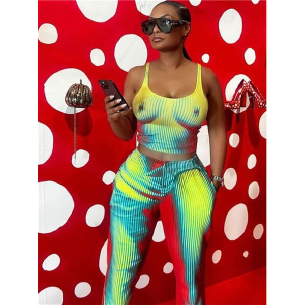 Printed tight-fitting women's suit slim elastic two-piece set