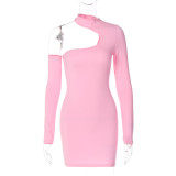 Long-sleeve diagonal shoulder cut-out buttock wrap fashion personality simple dress