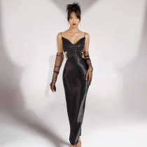French style bowknot suspender cut-out dress slim sexy black dress dress