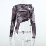 Fashionable slim waste earth hooded long-sleeved tie-dyed irregular hollow top suit