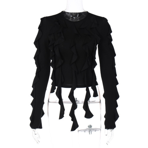 Fashion personality street trendsetter round neck long sleeve slim t-shirt top