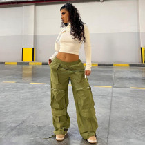 Loose large pocket zippered woven trousers with elastic waist drawcord hem casual pants
