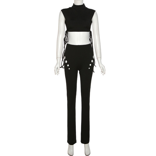Women's solid color threaded hollow lace tight yoga suit
