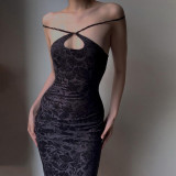 Jacquard hanging neck perspective split dress sexy cut-out temperament slimming buttock skirt