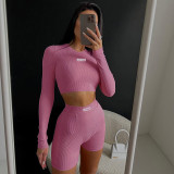 Basic rib long-sleeved top, high-waisted printed shorts suit, women's European and American casual fashion two-piece set